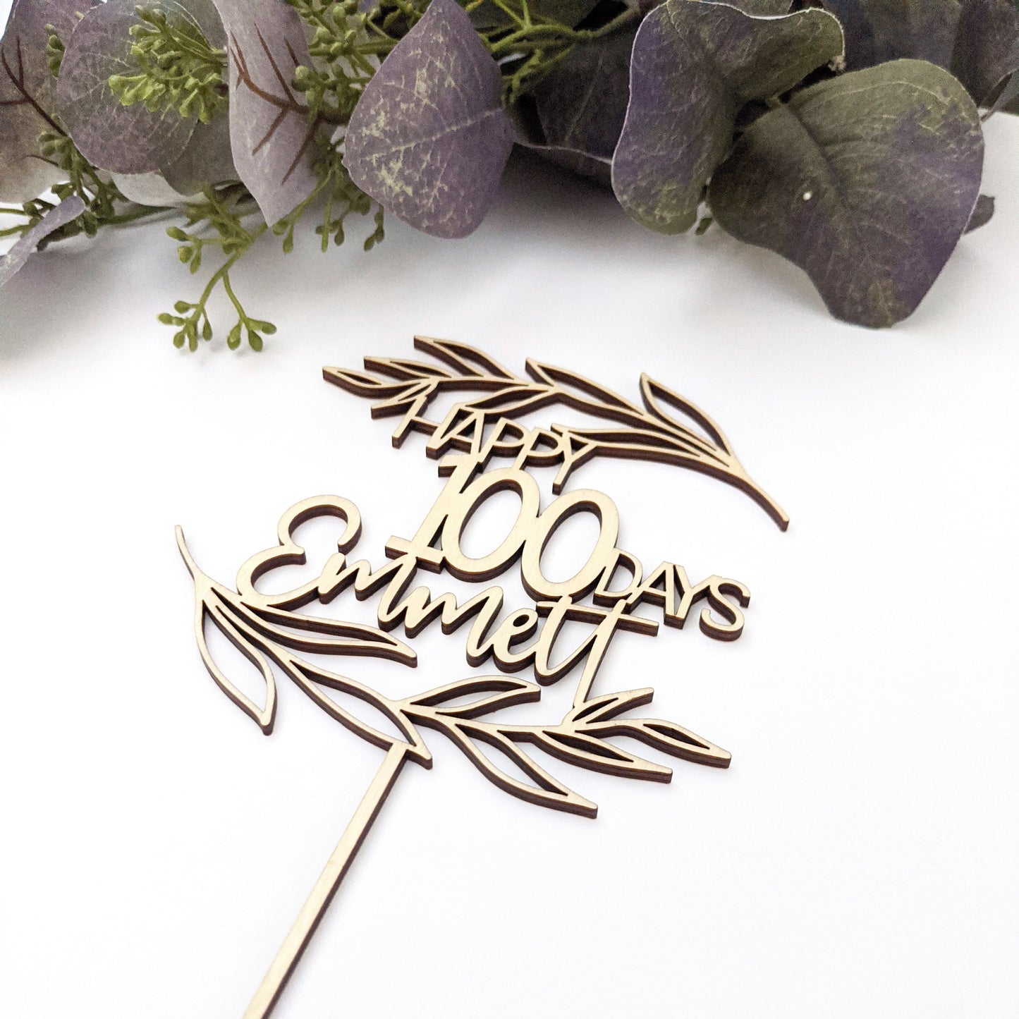 Leaves - Happy 100 Days Cake Topper - Wood