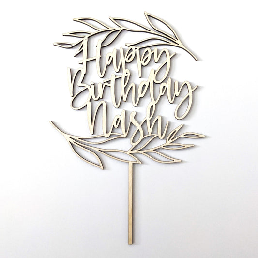 Leaves - Happy Birthday Cake Topper - Wood