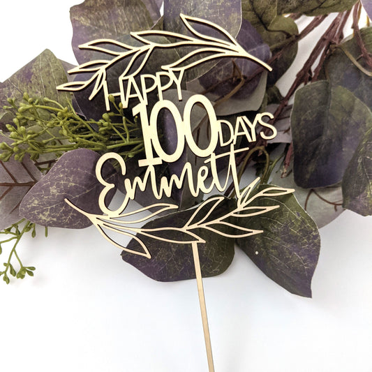 Leaves - Happy 100 Days Cake Topper - Wood