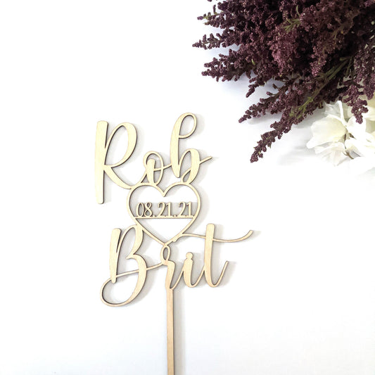 Names with Heart and Date Wedding Cake Topper - Wood