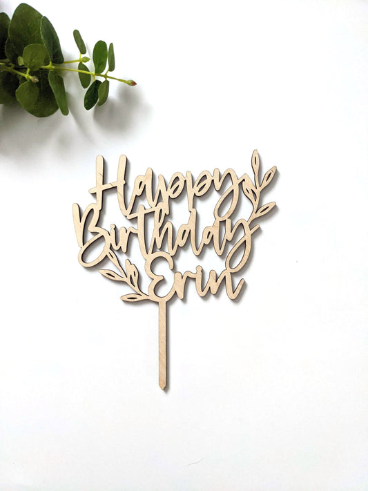 Small Leaves - Happy Birthday Cake Topper - Acrylic