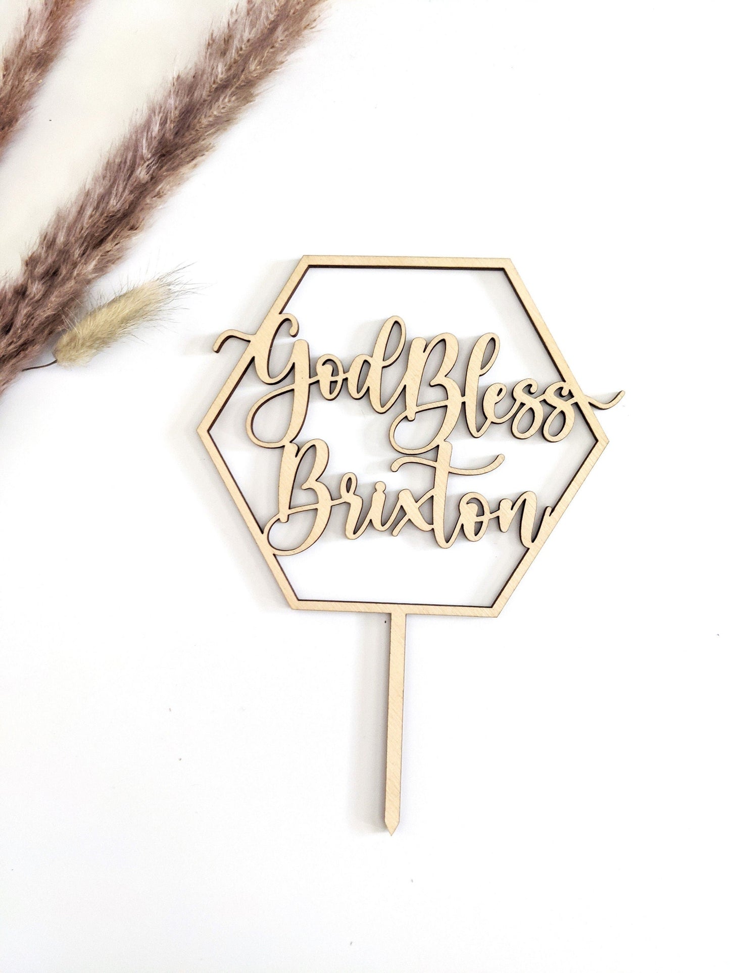 Hexagon God Bless/Baptism Cake Topper - Wood
