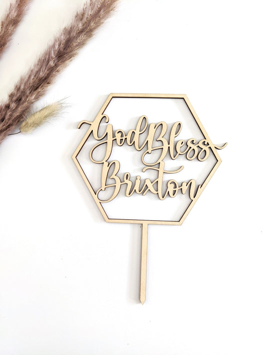 Hexagon God Bless/Baptism Cake Topper - Wood
